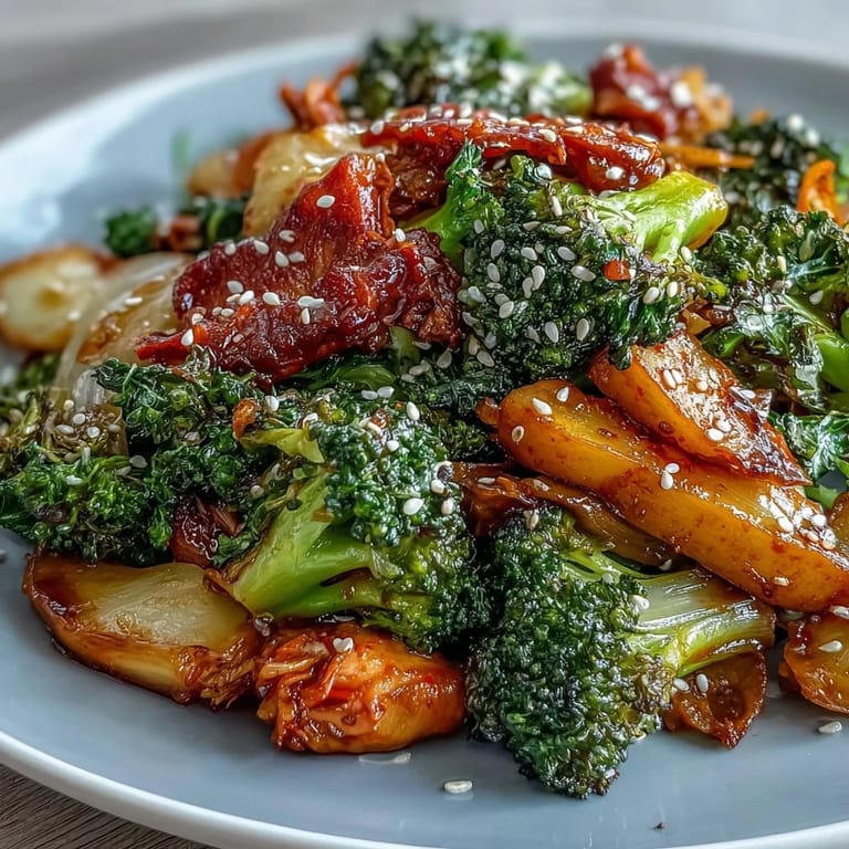 Serve this vegan Comforting Fermented Veggie Winter Stir-Fry over quinoa for a hearty, nutritious meal garnished with toasted sesame seeds.