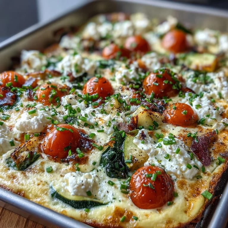 High-Protein Sheet Pan Eggs With Cottage Cheese and Veggies make a colorful, meal-prep-friendly breakfast slice.  