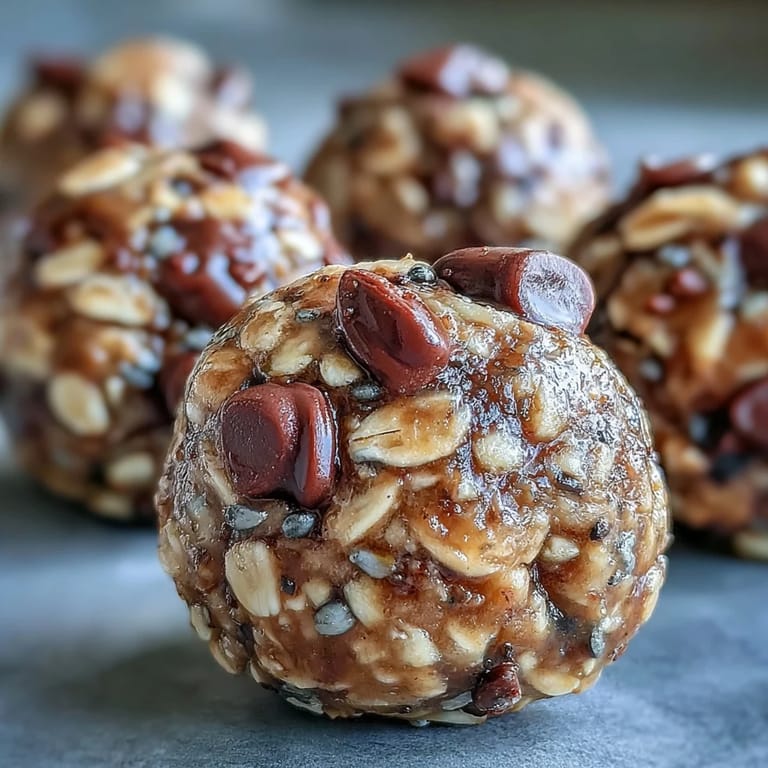 A close-up of vibrant Banana Chocolate Chip Energy Balls with oats and flaxseed, ready for a healthy on-the-go snack.  