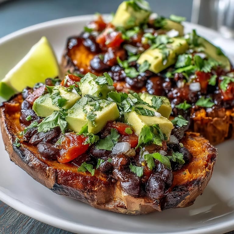 Split roasted sweet potatoes filled with hearty chipotle black beans and fresh zesty tomato salsa garnished with avocado.