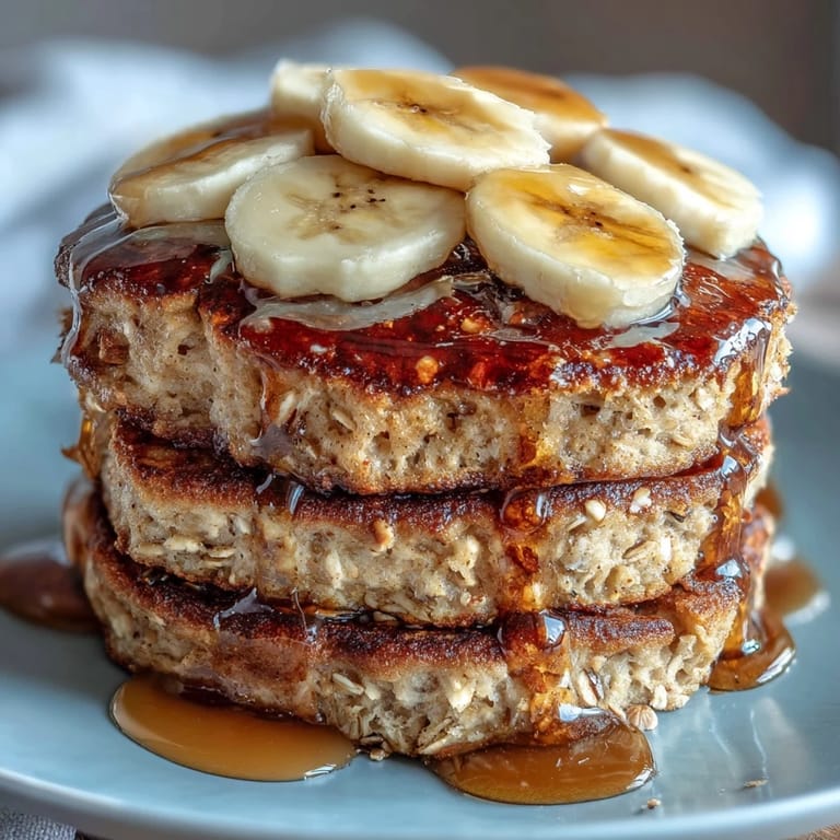 Golden-brown Banana Oat Pancakes cooking on a griddle, ready to serve with Greek yogurt and berries.