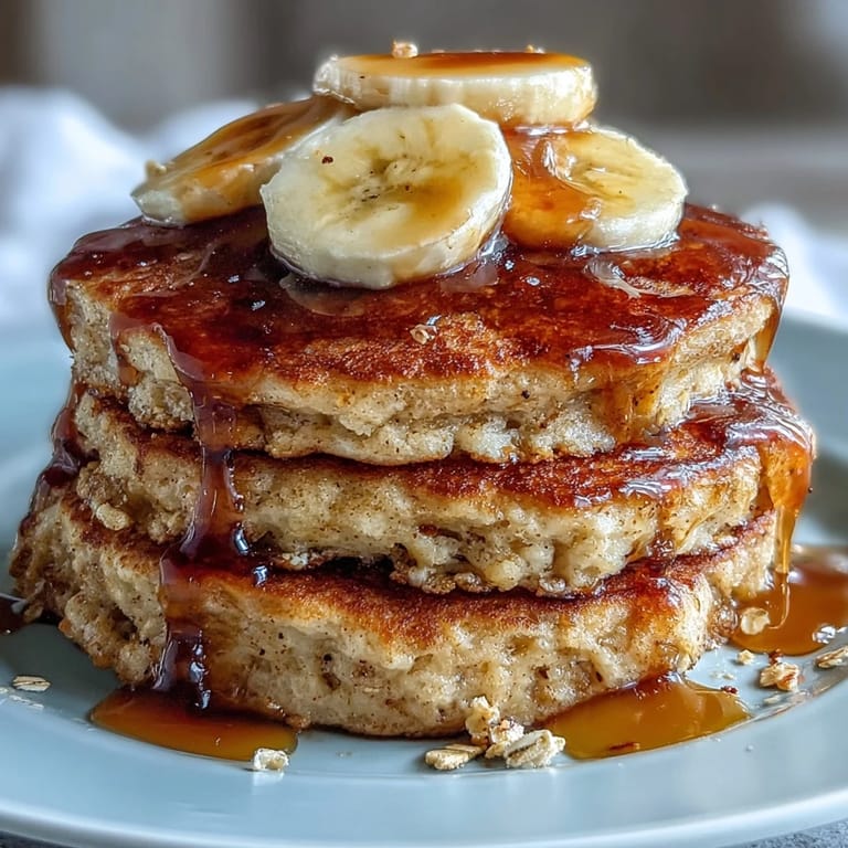 Healthy Banana Oat Pancakes made with ripe bananas and oats, presented on a rustic plate with toppings.