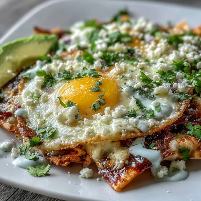 Crispy chilaquiles coated in zesty red salsa, garnished with fresh cilantro, red onion, and a drizzle of Mexican crema.  