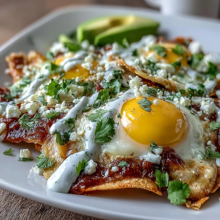 Golden chilaquiles with runny yolk eggs, avocado, and sour cream, ready for a hearty Mexican breakfast feast.