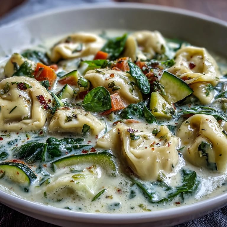 A spoon scoops into Creamy Vegetable Tortellini Soup with visible carrots, zucchini, and tender pasta.