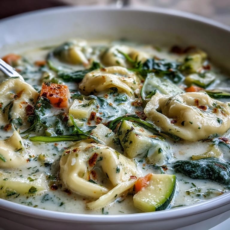 Serve Creamy Vegetable Tortellini Soup alongside crusty bread, perfect for a comforting weeknight dinner.
