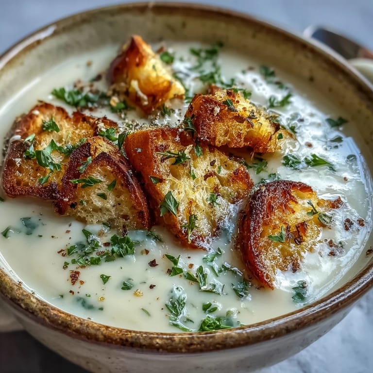 Creamy Roasted Garlic Soup served hot, topped with a drizzle of olive oil.  