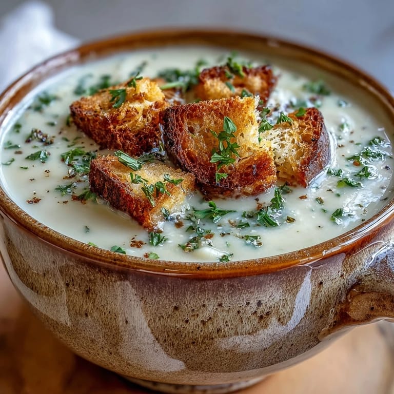 Roasted Garlic Soup in a rustic bowl with crusty bread for dipping.