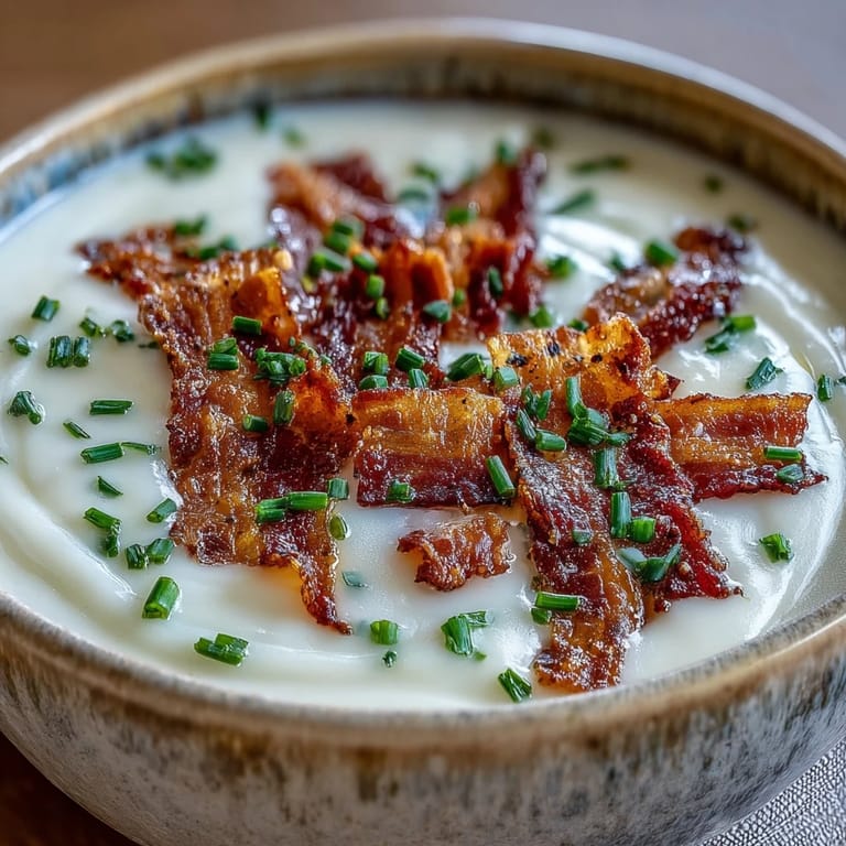 Steaming bowl of Creamy Celeriac Soup with Crispy Bacon, served with crusty bread and a sprinkle of chives.
