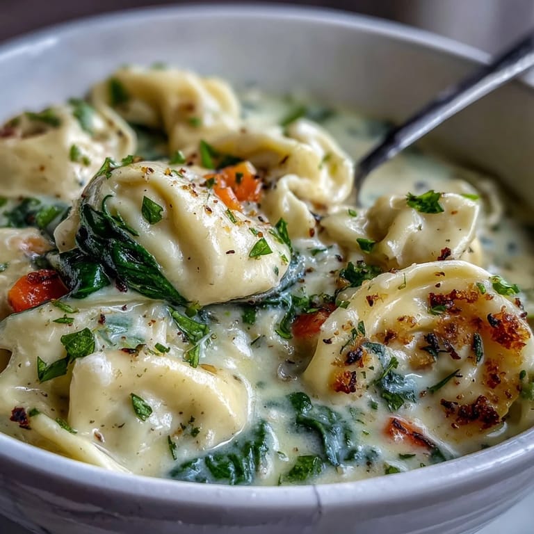 A hearty Easy Tortellini Soup With Chicken Broth garnished with fresh parsley and grated Parmesan next to crusty bread.  