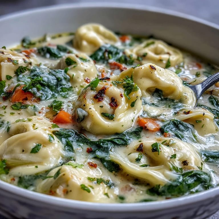 Steaming pot of Easy Tortellini Soup With Chicken Broth, featuring diced carrots, celery, and swirling heavy cream.