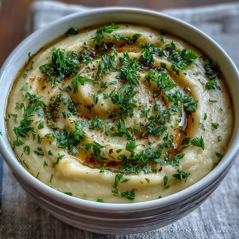 Roasted Parsnip and Herb Soup in a rustic bowl, topped with vibrant green herbs and olive oil.