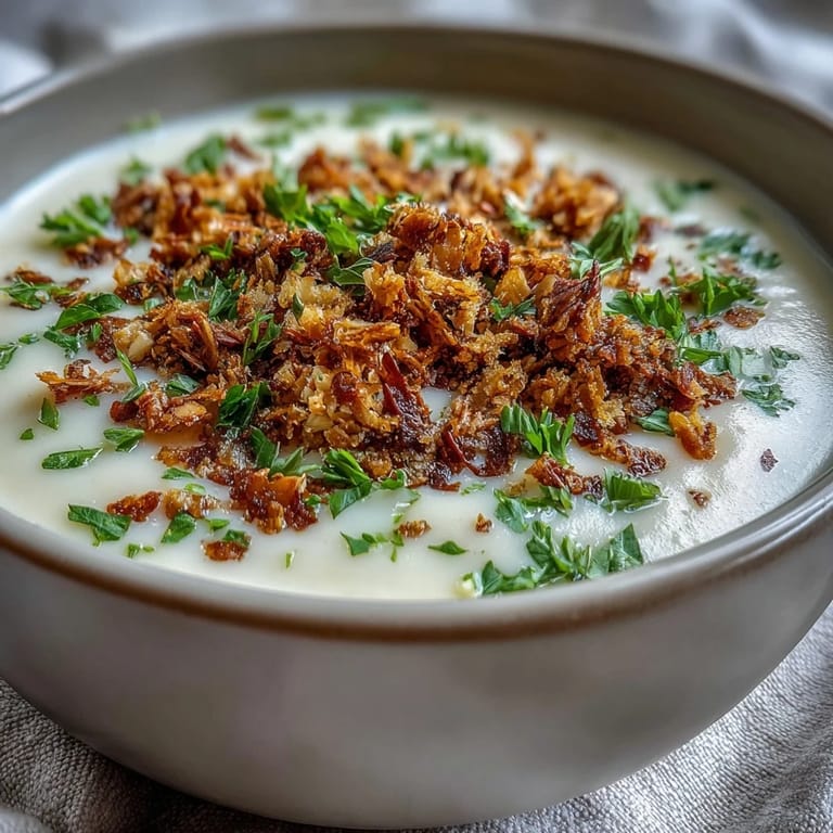 Golden roasted celeriac and hazelnut crumble create a rich, aromatic soup with a satisfying crunchy texture.