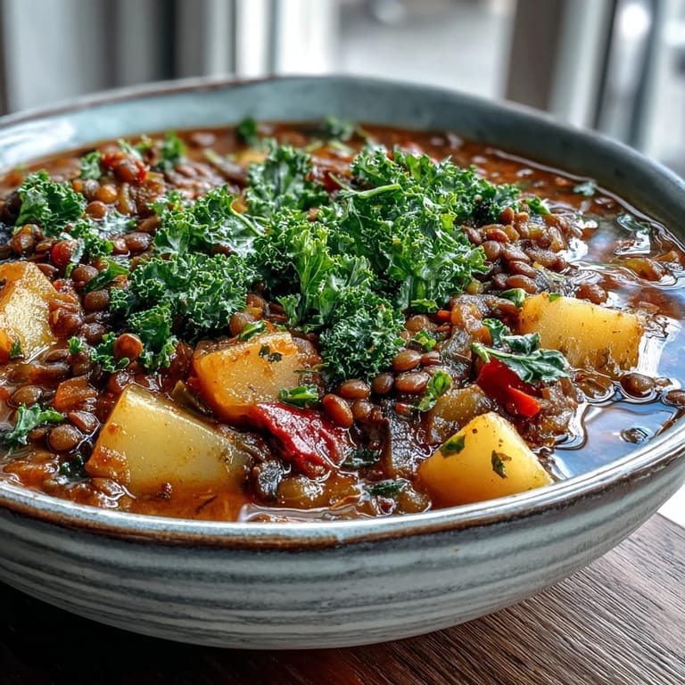 Vegetarian Lentil Stew served in a ceramic bowl, with crusty bread on the side for dipping into the savory soup.