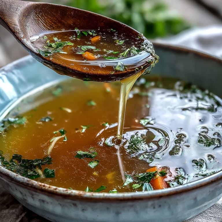 Homemade Vegetable Broth From Scraps strains into a clear glass jar, showcasing its vibrant, nourishing color.  