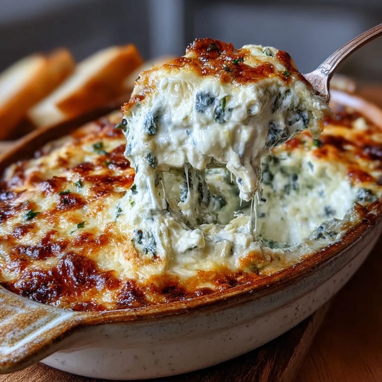 Homemade Spinach Artichoke Dip in a white casserole dish, paired with toasted baguette slices for a perfect party appetizer.