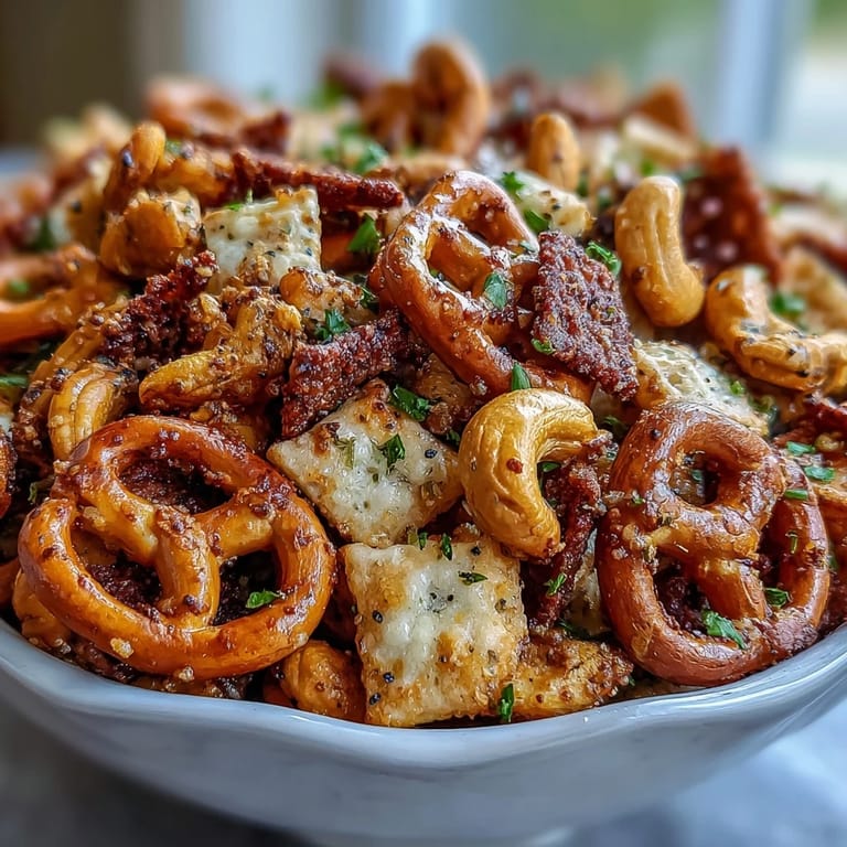 Roasted cashews, cheddar crackers, and rye chips are coated in tangy ranch seasoning and baked until crunchy and aromatic.