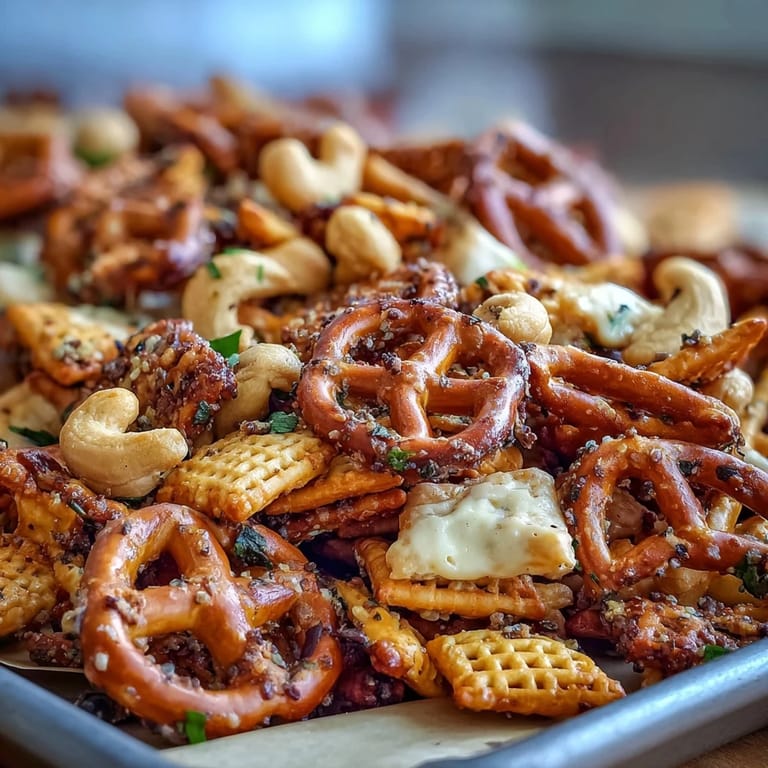 A close-up shows the savory Everything Ranch Cheese and Pretzel Snack Mix cooling on a baking sheet, ready to serve.