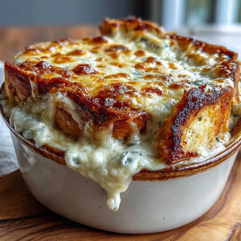 Freshly baked Croque Monsieur Casserole topped with creamy béchamel and herbs. 