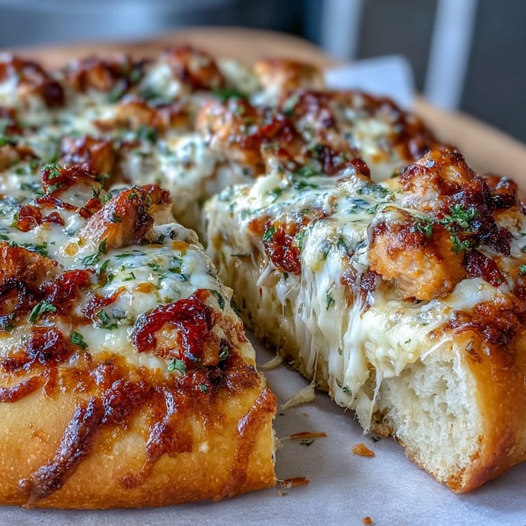 Sliced Marry Me Chicken Pizza reveals a rich sauce and melted mozzarella on a wooden board.