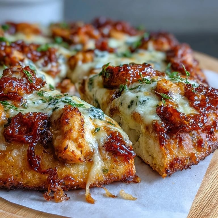A close-up of Marry Me Chicken Pizza with herbs and sun-dried tomatoes, ready to serve.