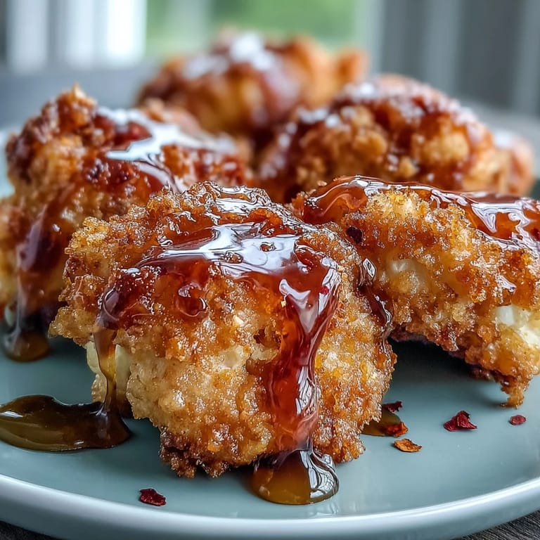 Golden, crunchy florets of Crunchy Baked Hot Honey Cauliflower glisten with hot honey glaze, arranged on a platter with herbs.