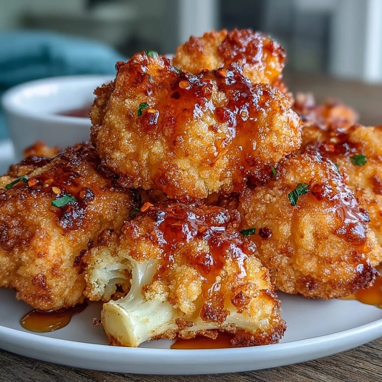 A close-up shows Crunchy Baked Hot Honey Cauliflower with a panko crust, drizzled in sweet-spicy sauce and red pepper flakes.