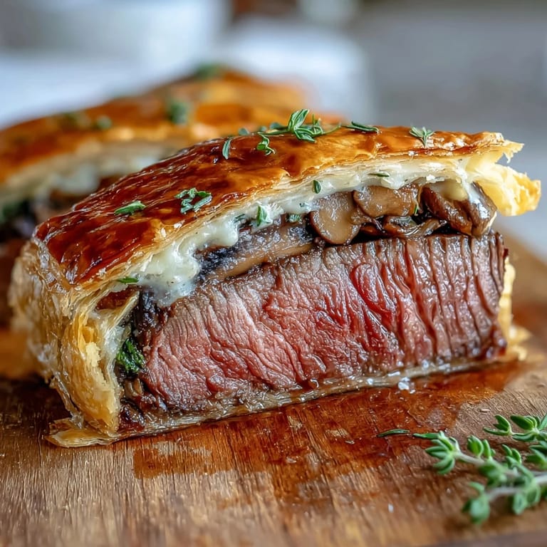 Savory Beef Wellington topped with decorative pastry leaves, resting on a wooden board next to a glass of red wine.