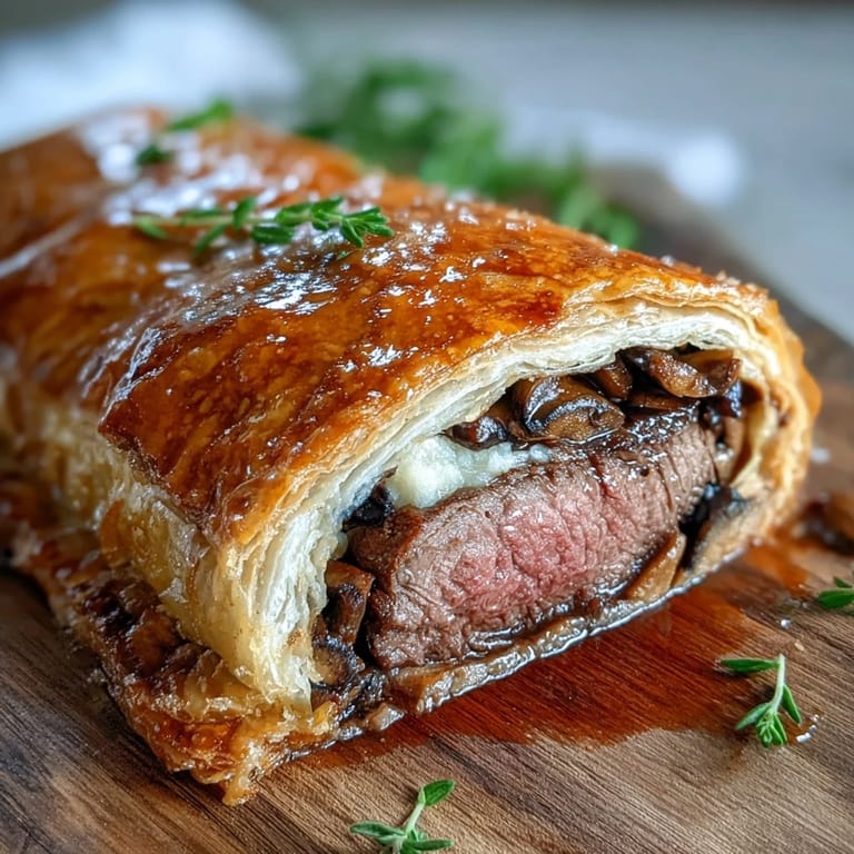 Golden-brown Beef Wellington on a rustic cutting board, steam rising from the flaky pastry after a hearty special occasion dinner.