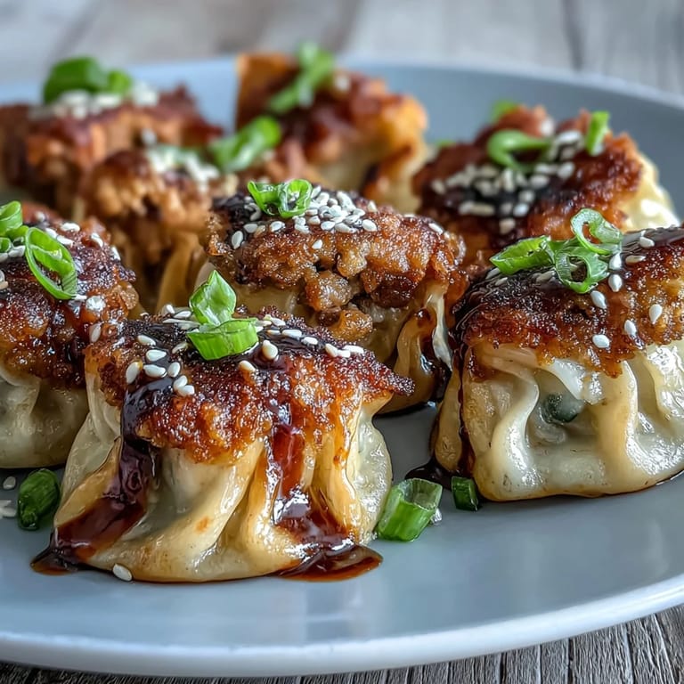 Plated smash dumplings topped with scallions and sesame seeds, ready to be enjoyed as an appetizer.