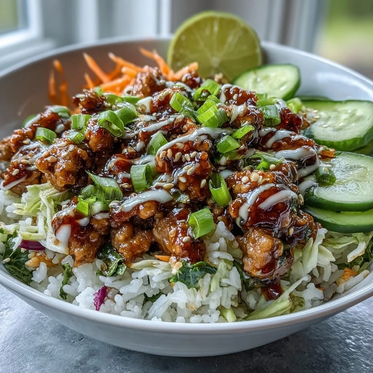 Vibrant carrots, cucumbers, and red cabbage add fresh crunch to a savory bowl drizzled with creamy chili mayo.