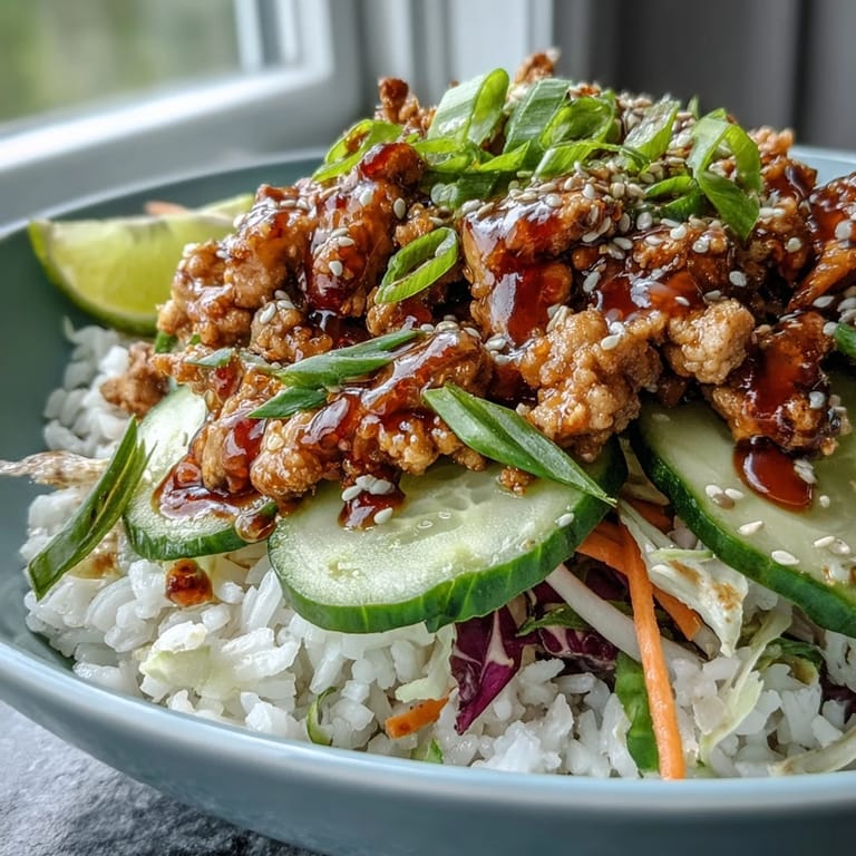 Spicy-sweet Bang Bang Ground Turkey Rice Bowls finished with sesame seeds and a bright squeeze of lime.