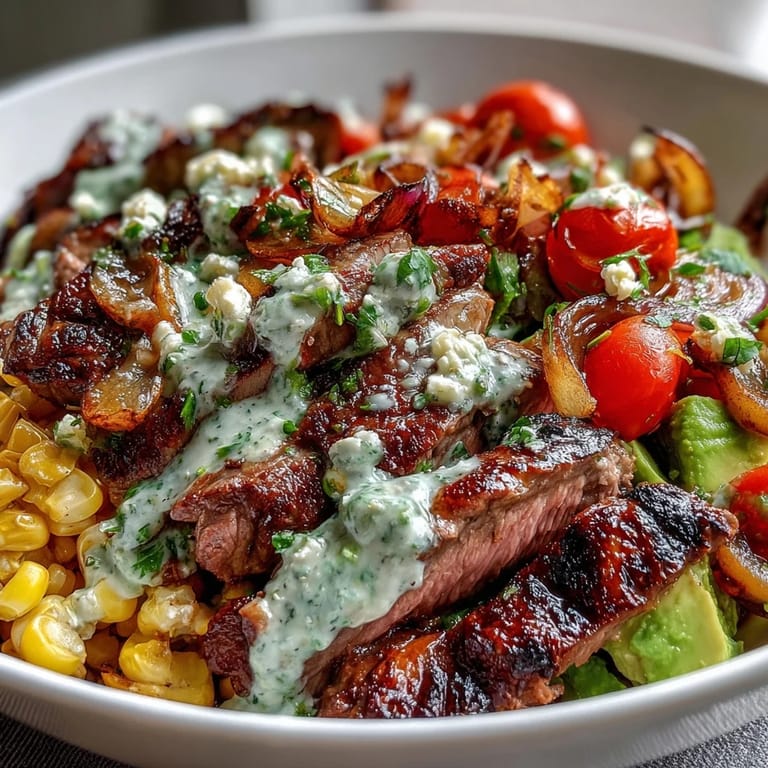 Close-up of a hearty steak bowl with roasted corn, red onions, and Cotija cheese, served with a lime wedge.