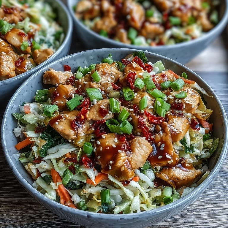 Quick skillet Chicken and Cabbage Egg Roll Bowls with shredded vegetables and a savory glaze, perfect for weeknights.