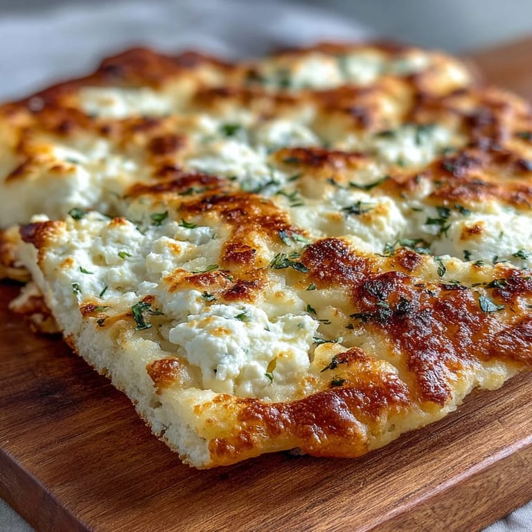 Golden Fluffy Cottage Cheese Flatbread with bubbling edges, brushed with olive oil.