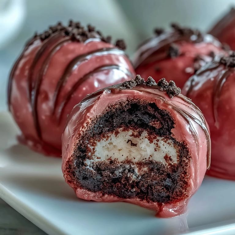 Close-up of a bitten Oreo Truffle Ball, revealing the smooth cream cheese and Oreo base under a pink shell.