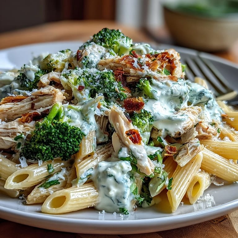 A close-up of whole-wheat penne coated in silky Greek yogurt sauce with tender rotisserie chicken and broccoli.