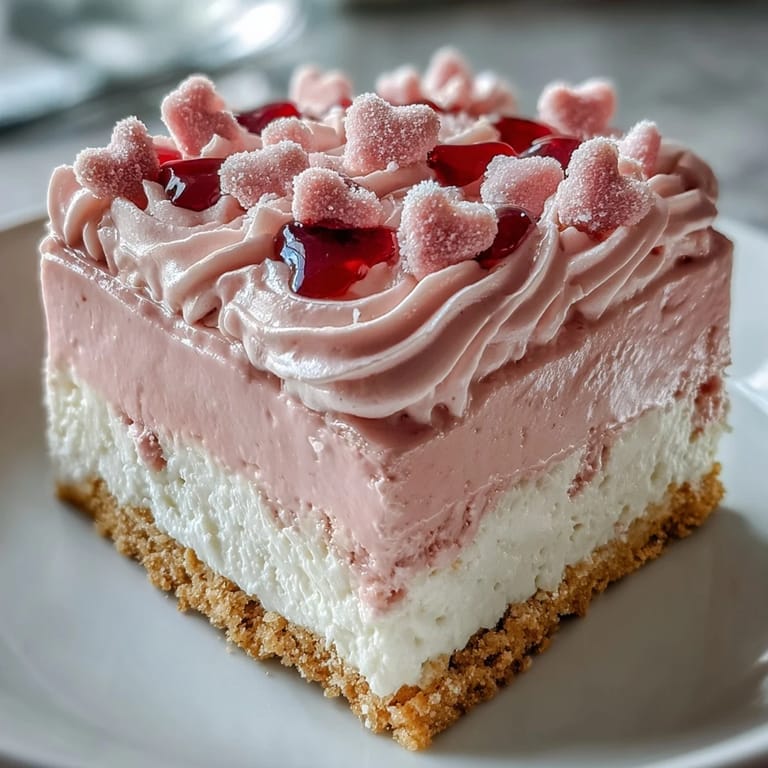 A chilled slice of Candy Hearts Fake Cake reveals a graham cracker crust and velvety filling.