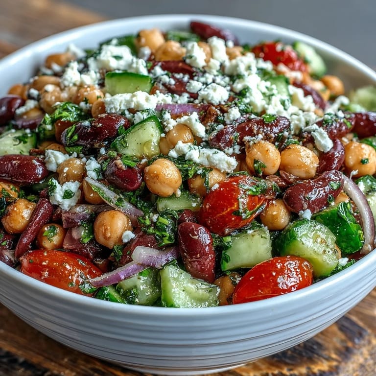 Freshly tossed Greek Bean Salad with Lemon Marinated Beans, briny Kalamata olives, and crisp cucumbers.