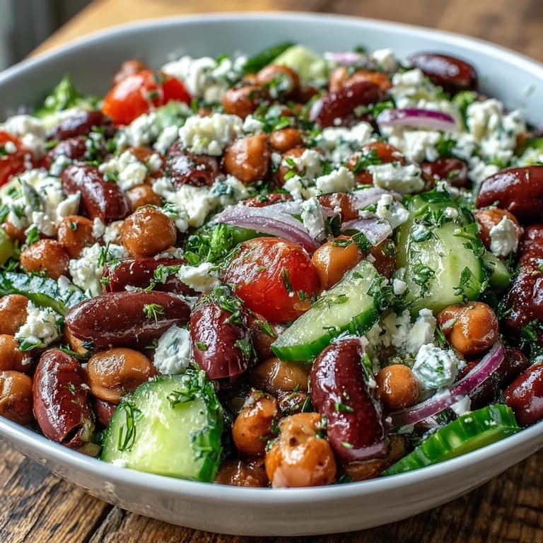 Large serving bowl of Greek Bean Salad with Lemon Marinated Beans, perfect for a summer potluck.