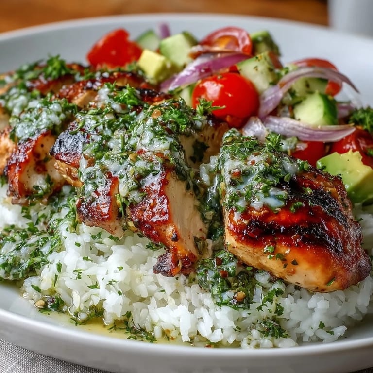 Juicy chimichurri chicken is served over rice with fresh vegetables and drizzled with herbaceous green sauce.