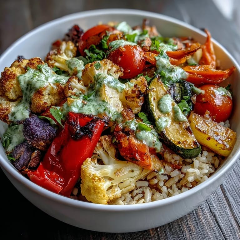 Freshly blended green herb sauce drizzled over a steaming Rainbow Roasted Vegetable Bowl, featuring perfectly caramelized veggies on a bed of nutritious brown rice.