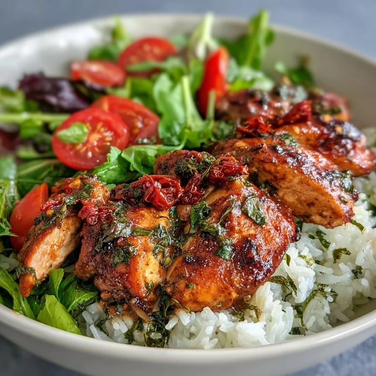 Golden sun-dried tomato chicken layered over tender rice, with fresh salad greens, halved cherry tomatoes, and optional crunchy pine nuts.