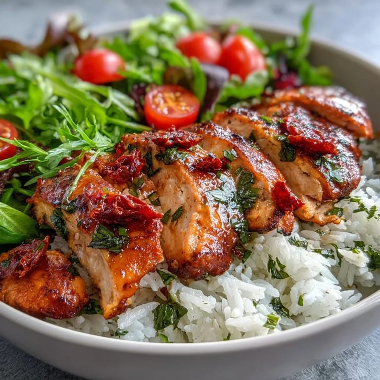 Freshly cooked sun-dried tomato chicken served in a vibrant bowl with fluffy rice and crisp salad greens, perfect for dinner.