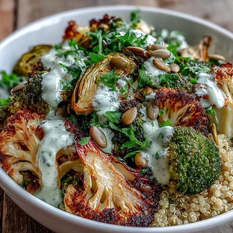 A close-up of the Roasted Brassica Bowl highlights crisp veggies and a creamy tahini-lemon drizzle.