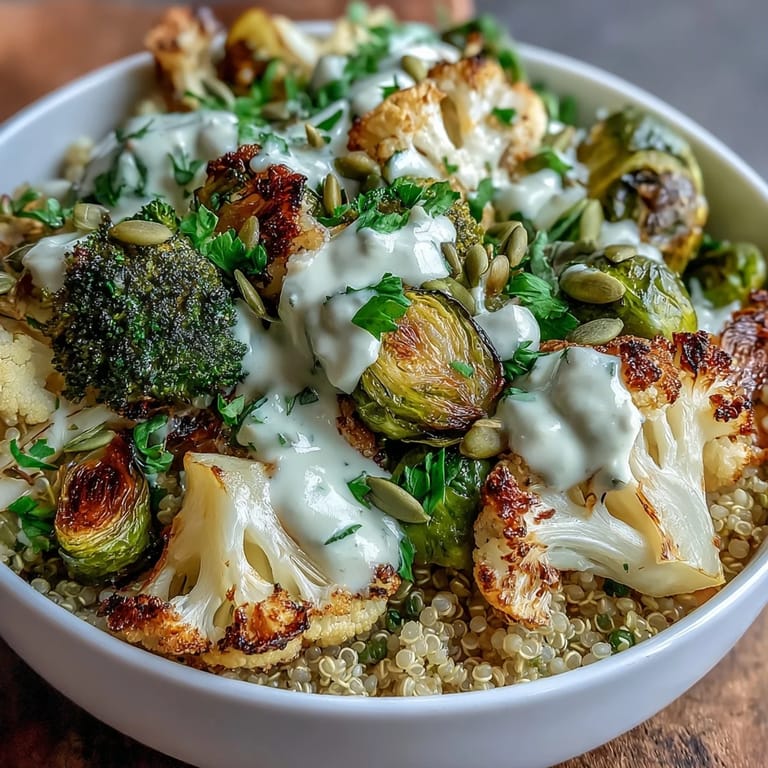 Hearty grains support colorful, caramelized vegetables in a satisfying Roasted Brassica Bowl garnished with parsley and seeds.