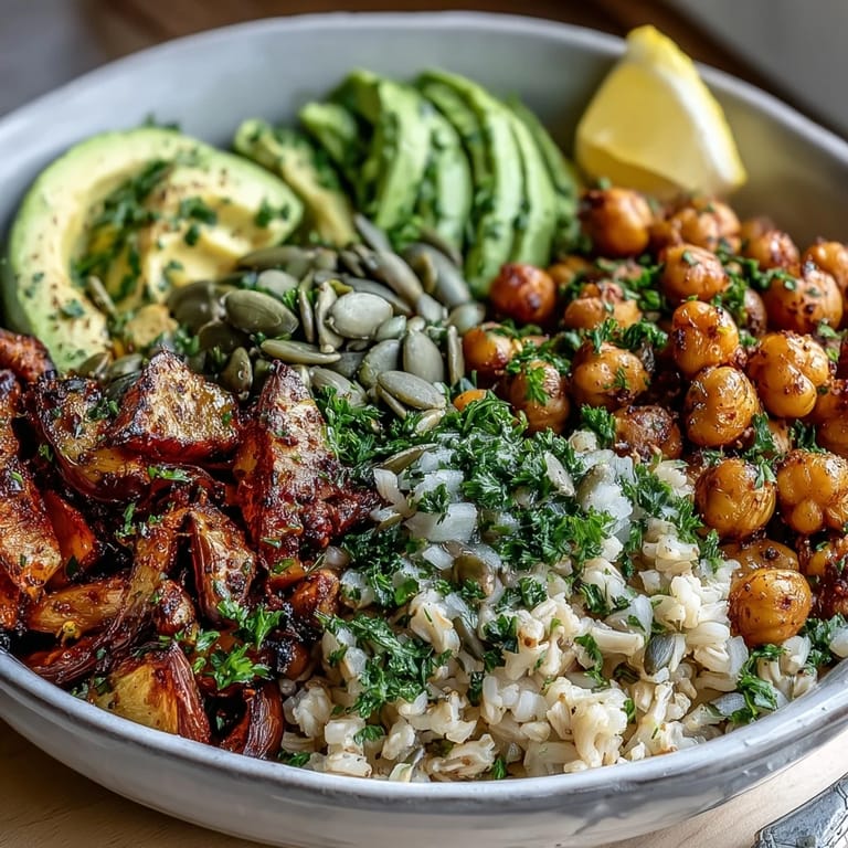 A steaming Vegetable and Legume Bowl features golden roasted broccoli and cherry tomatoes over quinoa with a creamy tahini drizzle.