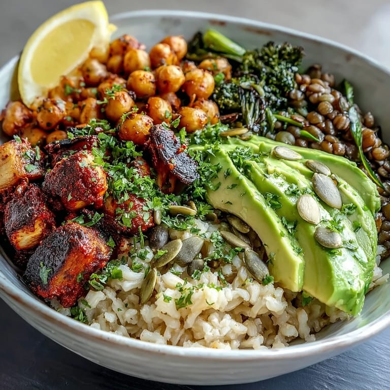 Colorful Vegetable and Legume Bowl with avocado, pumpkin seeds, and lemon wedges served family-style for a nourishing weeknight dinner.