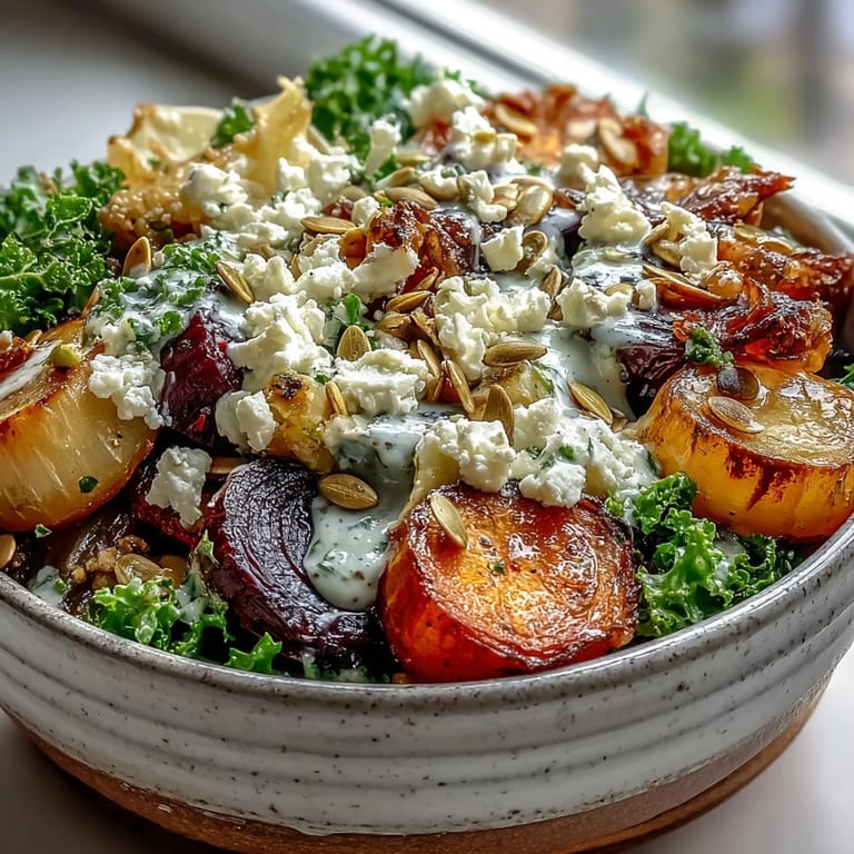 Winter Root Vegetable Bowl served warm with tangy dressing, ready to enjoy on a rustic table.
