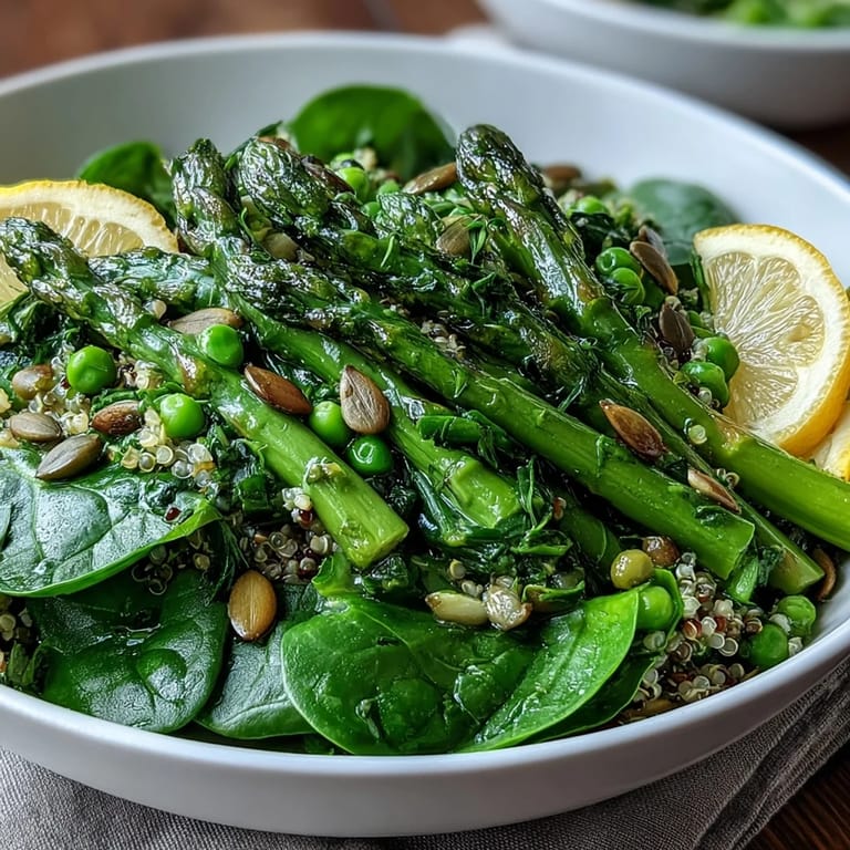 Colorful Spring Green Bowl featuring tender asparagus, green beans, and baby spinach atop fluffy quinoa, finished with a bright lemon vinaigrette.